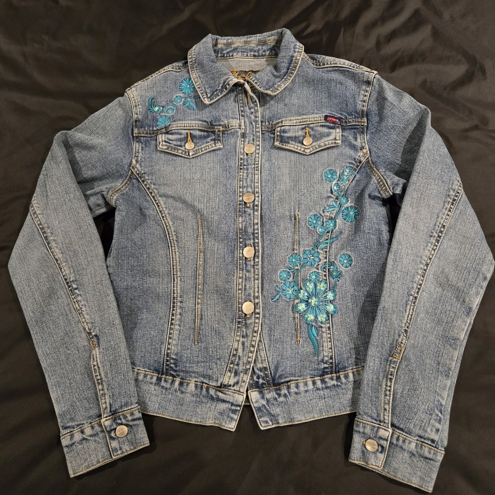 Vintage Yuka Women's Denim Jeans‎ Floral Embroidery Button Up Jacket Y2K Size M